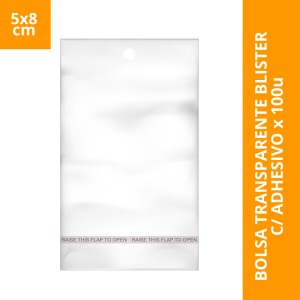BOLSA TRANSPARENTE BLISTER C/ ADHESIVO x 100u 5x8cm